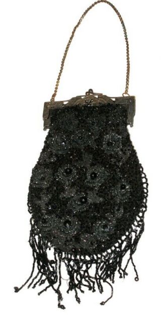 Antique Black Glass Micro Beads Large Purse (14 " X 7 ") Hand Beaded - C.  1880
