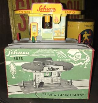 Rare West Germany Litho Tin Lighted Shell Service Station - Toy Gas Oil Sign Can