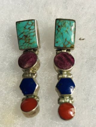 Vtg Native American 925 Sterling Silver Hinged Earrings Turquoise Coral