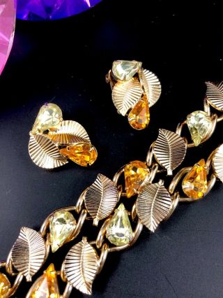Coro Pegasus Gold - Tone Amber Lime Pear Rhinestone Leaf Bracelet Earrings Set