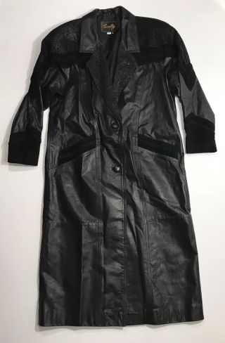 Vintage Scully Womens Paisley Black Leather Trench Coat Duster Size L