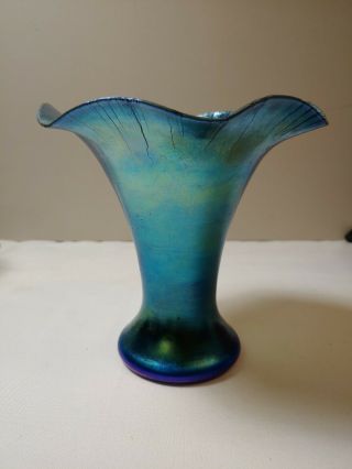 Rare Durand Vase Art Glass Lustre Iridescent Blue,  Signed.