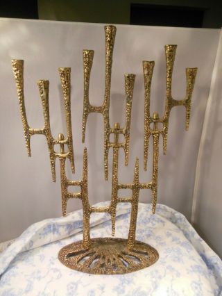 Vtg Wainberg Brutalist Judaica Brass Candle Menorah Made In Israel - 13 1/2 " Tall
