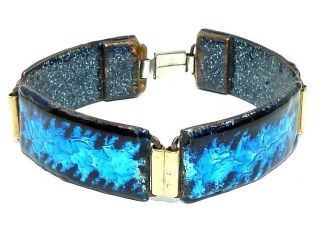 Gorgeous Mid Century German Blue & Black Enamel On Copper & Brass Bracelet 50s