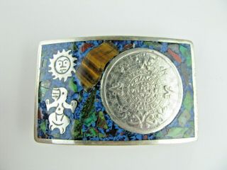 Vintage Sterling 925 Belt Buckle Aztec Sun Calendar Inlaid Mexico