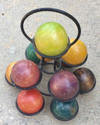 Vintage Bocce Ball Set - Made In Italy Wood Complete With Metal Carrier