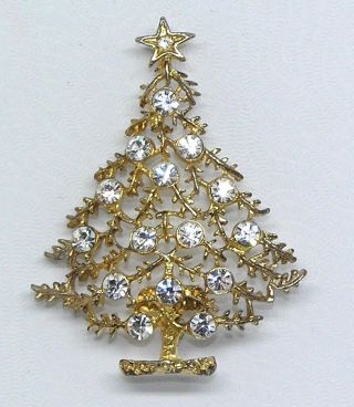 Vintage Eisenberg Ice Christmas Tree Pin Brooch Clear Rhinestones Gold Tone