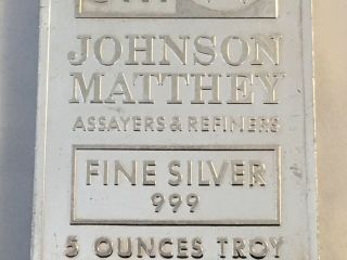 Johnson Matthey 5 OZ Silver Bar Million hour accident JM VERY RARE 4