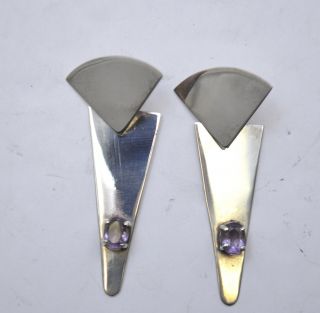 Vintage 70 ' s Sterling Silver Ametyst large Modern Triangle Earrings 2