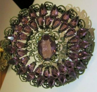 Vintage Art Nouveau Amethyst Purple Pear Shaped Stone Brooch Ornate Beauty