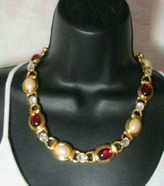 Vintage Monet Chunky Gold Tone Chain Statement Crystal,  Red & F.  Pearl Necklace