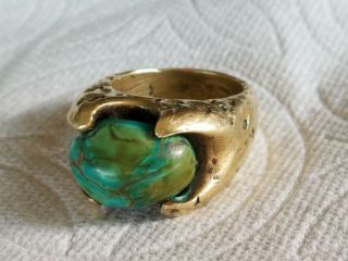 Vintage Modernist Bronze Brass Turquoise Brutalist Mens Ring Sz 11 Signed.