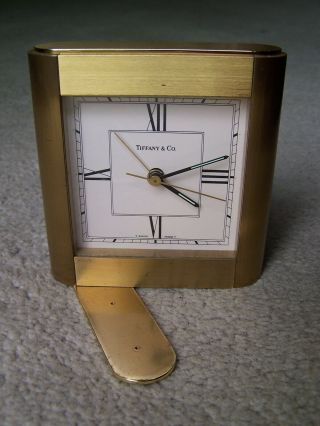Vintage Tiffany & Co Shelf Desk Mantel Brass Quartz Swiss Made Alarm Clock.