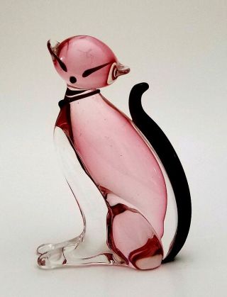 Vintage Alfredo Barbini Murano Sommerso Glass Cat Sculpture - Italy