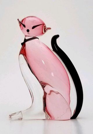 Vintage Alfredo Barbini Murano Sommerso Glass Cat Sculpture - Italy 5