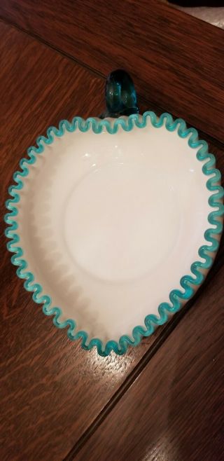 Vtg Fenton Milk Glass Turquoise Blue Crest Heart Shaped Nappy/compote/bowl