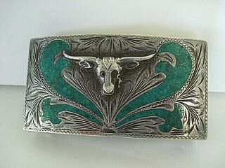 Vintage Sterling Silver And Turquoise Longhorn Belt Buckle Pretty Cool