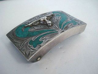 VINTAGE STERLING SILVER AND TURQUOISE LONGHORN BELT BUCKLE PRETTY COOL 2