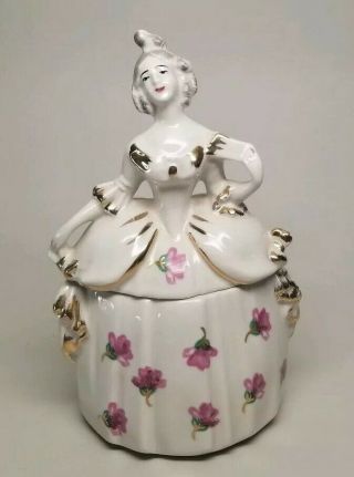 Vintage Porcelain Victorian Lady Dresser Half Doll Trinket Powder Vanity Box Jar