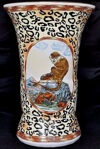 Vintage Chinese Porcelan Large Tall Flower Vase - Monkeys With Leopard Print -