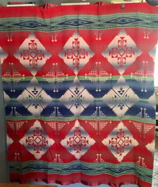 VINTAGE 40s - 50s WESTERN INDIAN DESIGN CAMP BLANKET - REVERSIBLE 70 