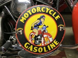 Vintage Porcelain Signal Motorcycle Gasoline Pump Plate Harley Indian Triumph