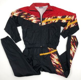 Vintage Members Only 2 Piece Black Red Yellow Geometric Track Suit Water Proof M