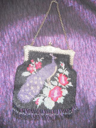 Vtg 1920s Beaded Purse Black With Purple Peacock & Floral Beaded Evening Bag