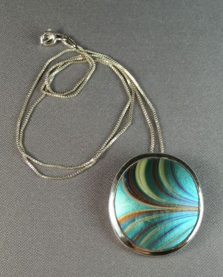 Vtg Orient & Flume Blown Glass Iridescent Pulled Feather Sterling Pendant &chain