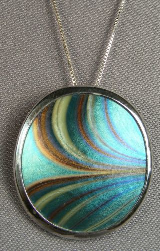 VTG ORIENT & FLUME BLOWN GLASS IRIDESCENT PULLED FEATHER STERLING PENDANT &CHAIN 3