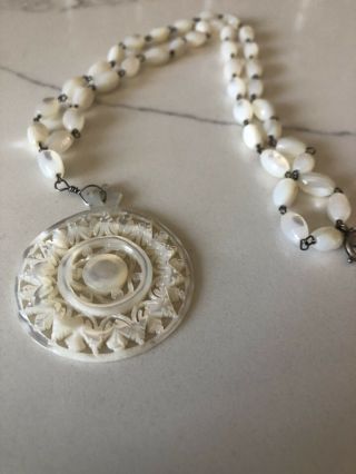 Antique Vintage Victorian Style Carved Mother Of Pearl Pendant Necklace
