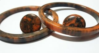 Vintage Orange Black Tiger Marbled Bakelite Bangle Bracelets & Clip Earrings Set