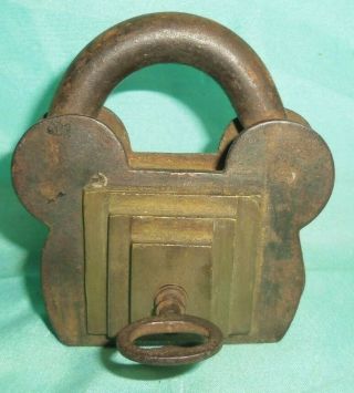 Antique Vintage Cast Iron Brass Padlock Lock With Key Large Unusual