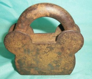 Antique Vintage Cast Iron Brass Padlock Lock with Key Large Unusual 3