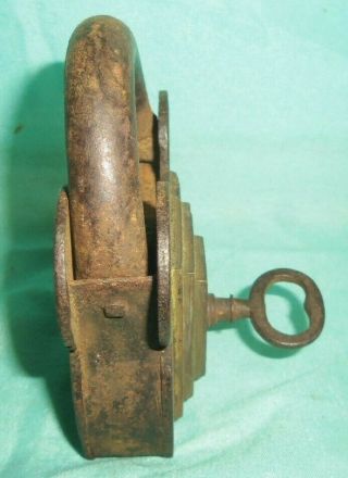 Antique Vintage Cast Iron Brass Padlock Lock with Key Large Unusual 4