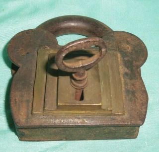 Antique Vintage Cast Iron Brass Padlock Lock with Key Large Unusual 5