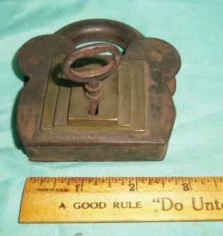 Antique Vintage Cast Iron Brass Padlock Lock with Key Large Unusual 6