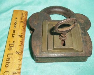 Antique Vintage Cast Iron Brass Padlock Lock with Key Large Unusual 7