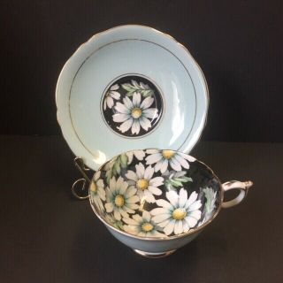 Vintage Paragon Footed Tea Cup & Saucer Green Black White Daisy Daisies