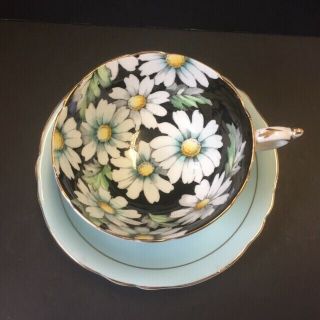 Vintage Paragon Footed Tea cup & Saucer Green Black White Daisy Daisies 2