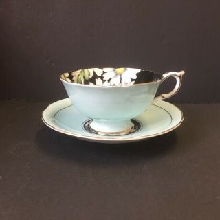 Vintage Paragon Footed Tea cup & Saucer Green Black White Daisy Daisies 3