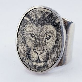 Vintage Sterling Silver 925 Scrimshaw Lion Ring Size 6.  5 Signed Apna