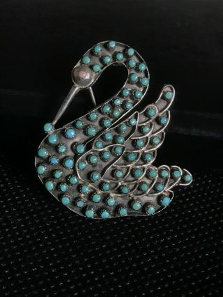 Vintage Native Navajo Turquoise & Coral Swan Brooch Pin - Sterling Silver