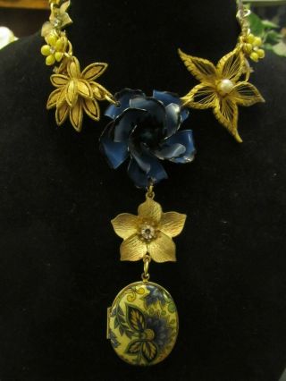 Vintage Enamel Flower & Floral Locket Statement Necklace - A Repurposed