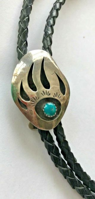 Vintage Sterling And Turquoise Bolo Tie Shadow Box Bear Paw Print Stamp Work