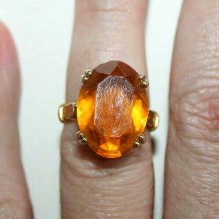 Vintage Art Deco Large Oval Cut Golden Citrine Gold On Silver Solitaire Ring