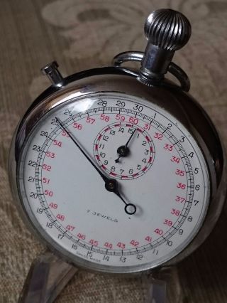 Rare Vintage 7 Jewels Nickel Stopwatch With Top Wind Swiss Made