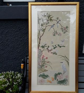 Large Vintage Embroidered Panel With Crane Carp Birds And Butterflies