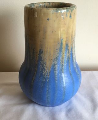 Vintage Ruskin England Pottery High Glaze Cream Drip And Matt Blue Vase