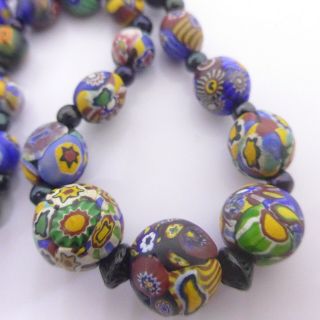 Vintage Matt Millefiori Glass Bead Necklace - Venetian Murano Round Glass Beads